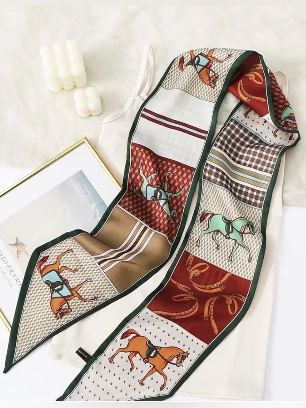 Silk Horse Print Long Scarf in Green and Cream